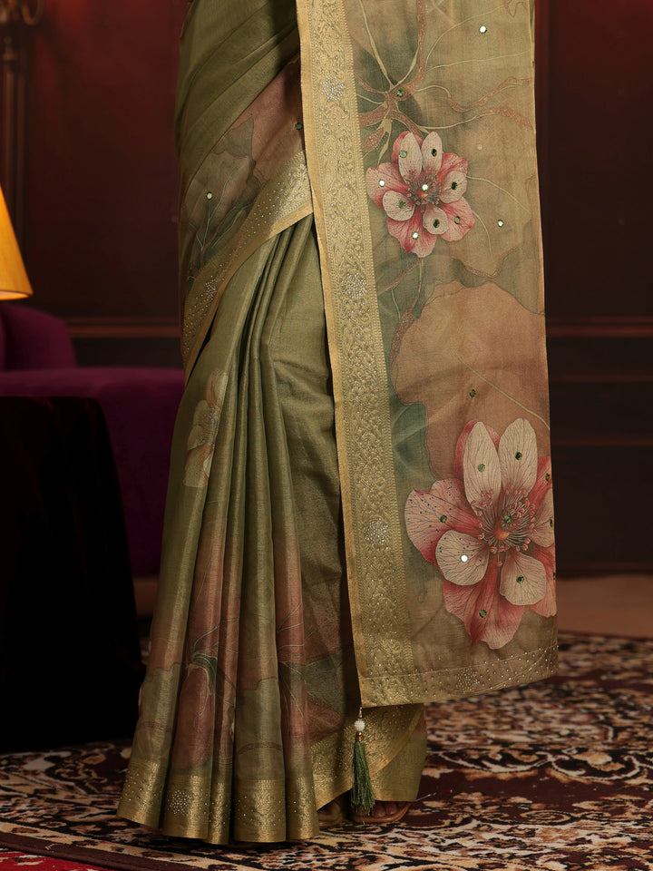 Libas Dusty Olive Green Floral Printed Silk Blend Saree