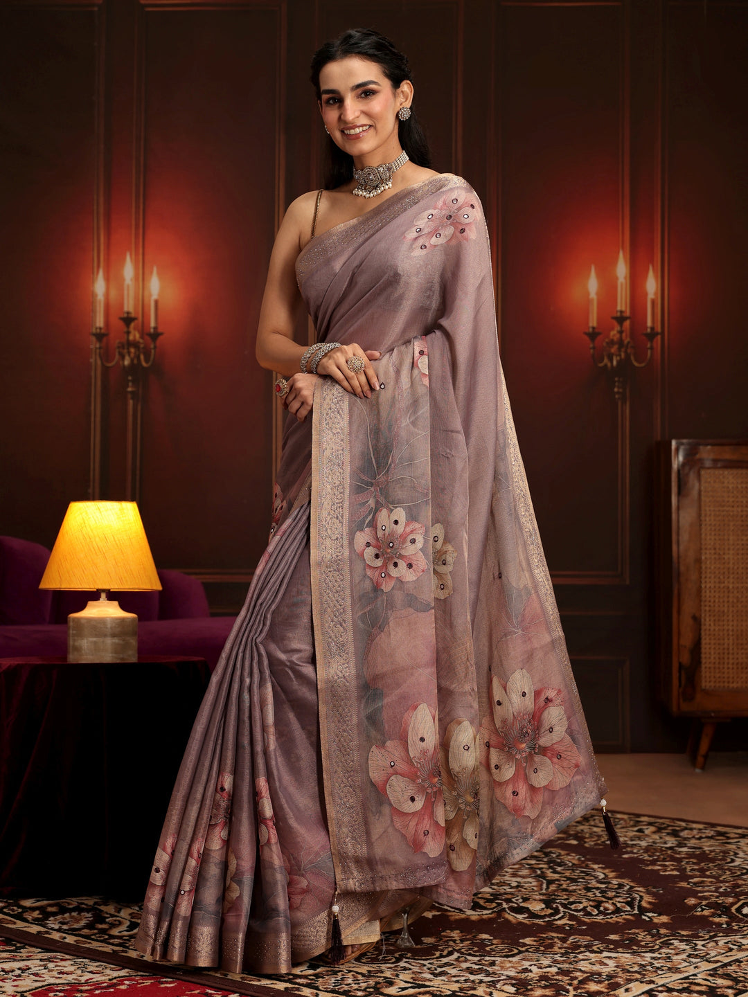Libas Dusty Lilac Floral Printed Silk Blend Saree