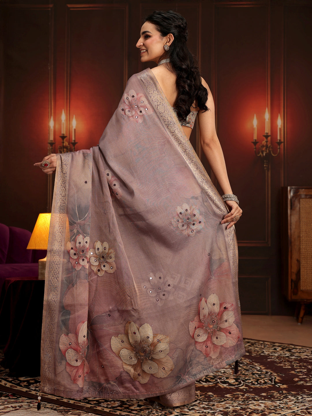 Libas Dusty Lilac Floral Printed Silk Blend Saree