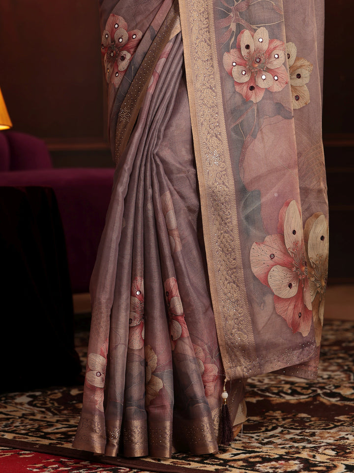 Libas Dusty Lilac Floral Printed Silk Blend Saree