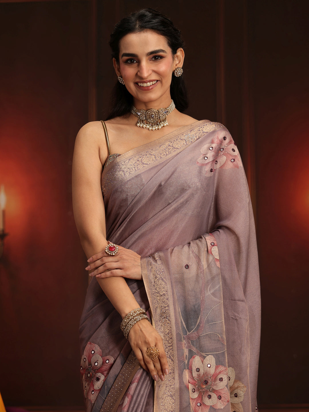 Libas Dusty Lilac Floral Printed Silk Blend Saree