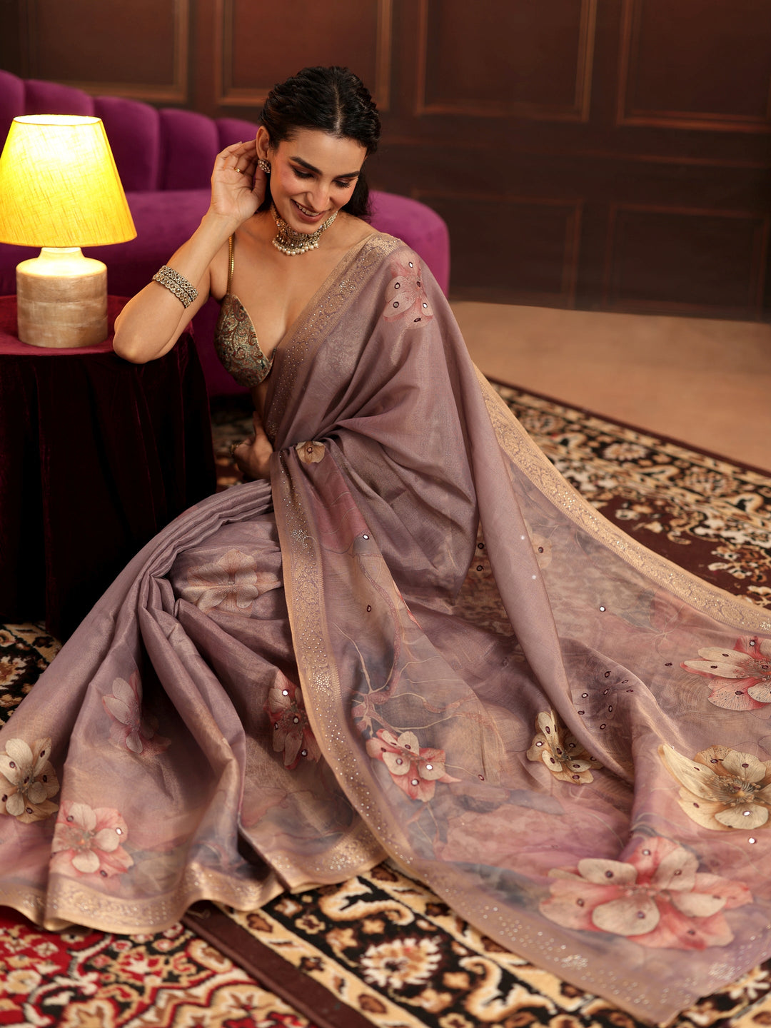 Libas Dusty Lilac Floral Printed Silk Blend Saree