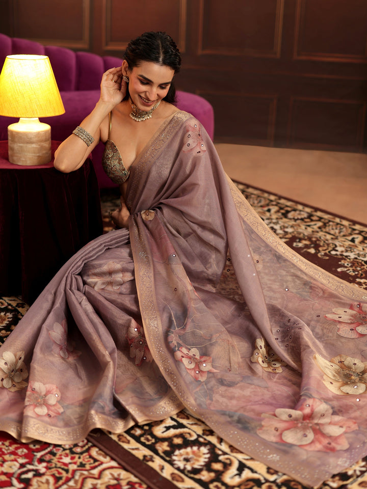 Libas Dusty Lilac Floral Printed Silk Blend Saree