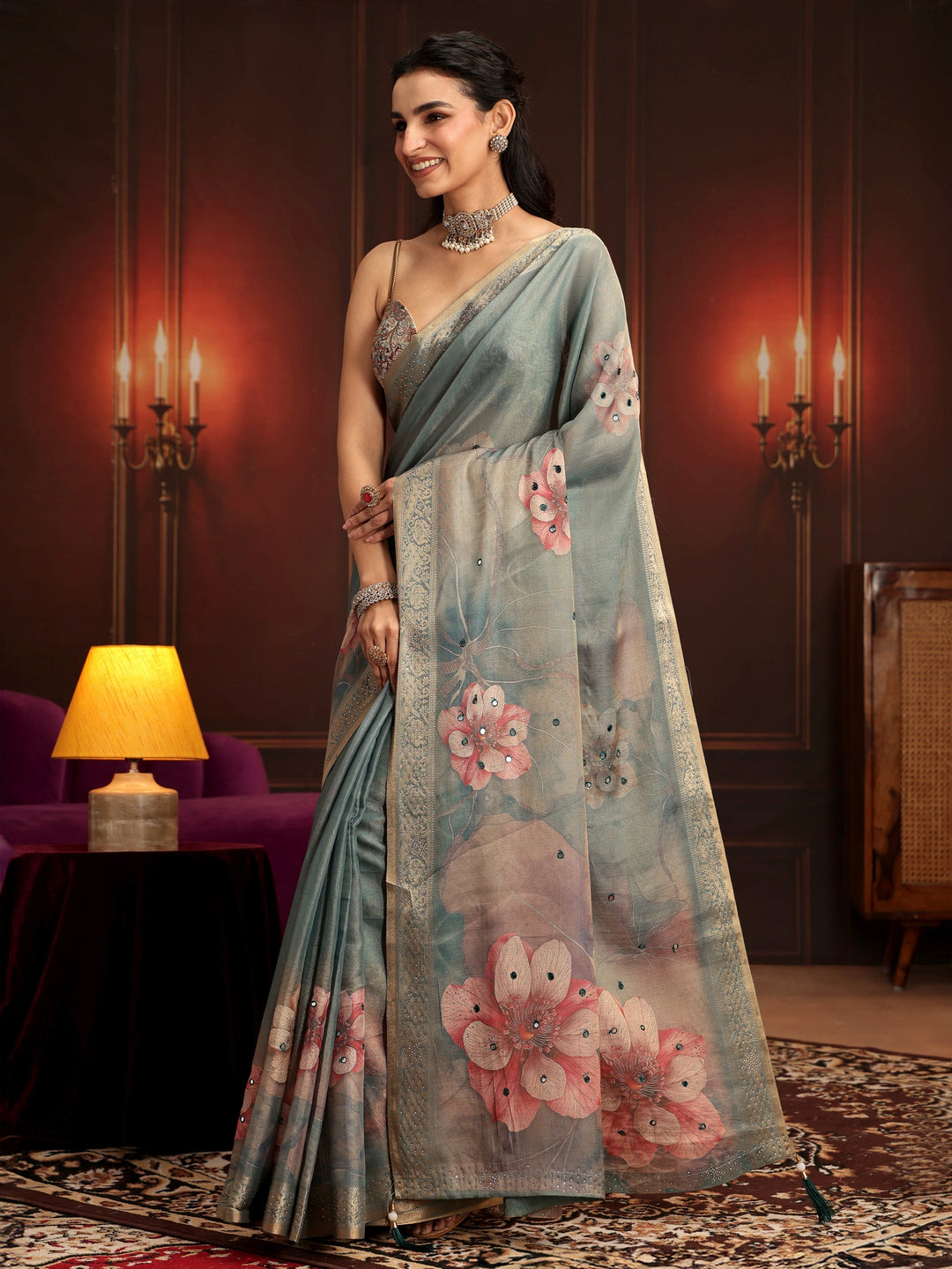 Libas Dusty Green Floral Printed Silk Blend Saree