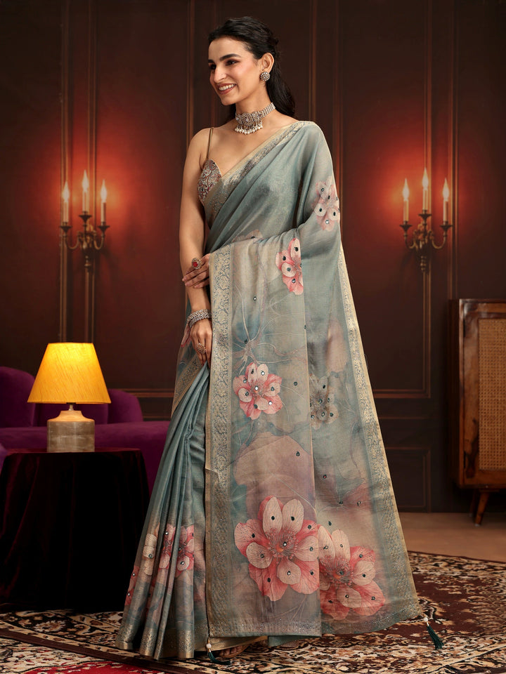 Libas Dusty Green Floral Printed Silk Blend Saree
