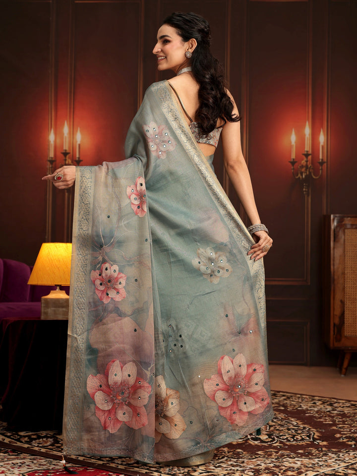 Libas Dusty Green Floral Printed Silk Blend Saree