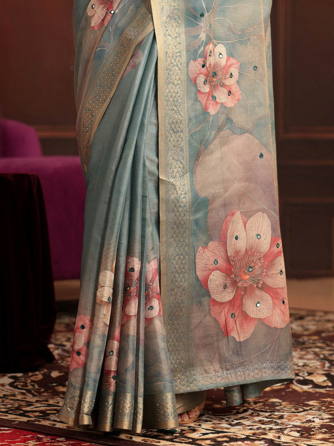 Libas Dusty Green Floral Printed Silk Blend Saree
