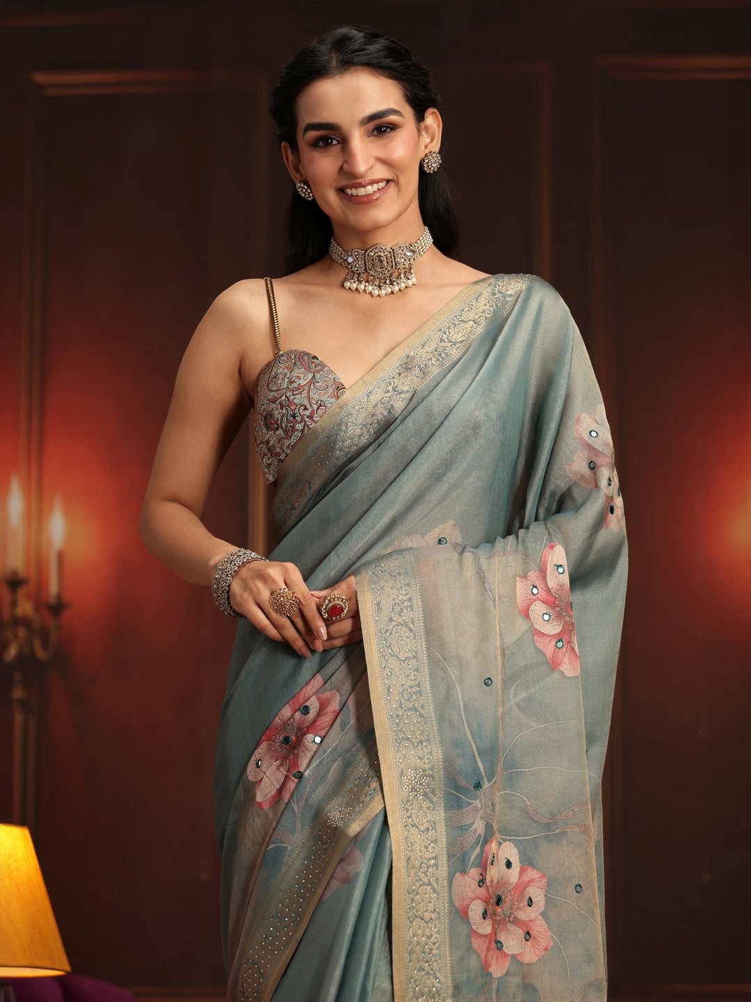 Libas Dusty Green Floral Printed Silk Blend Saree