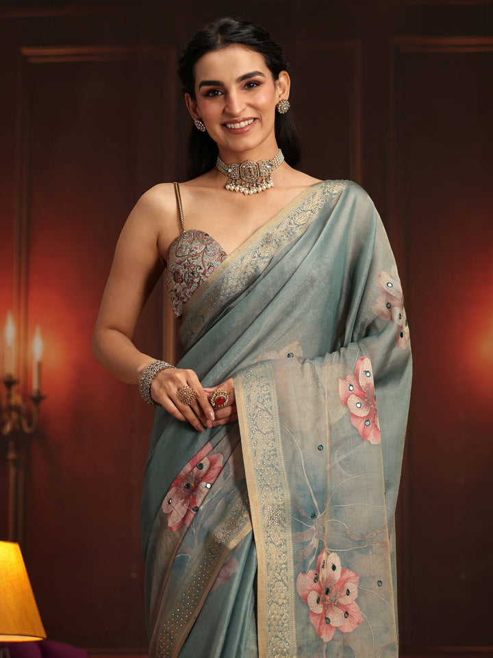 Libas Dusty Green Floral Printed Silk Blend Saree