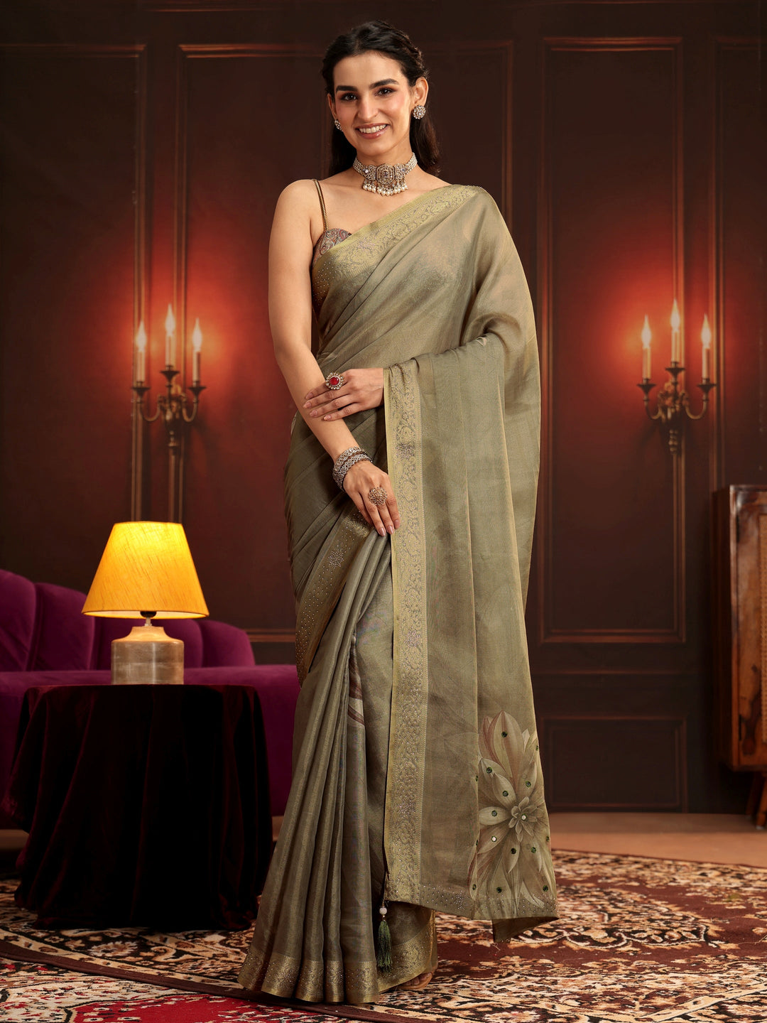 Libas Dusty Olive Green Floral Printed Silk Blend Saree
