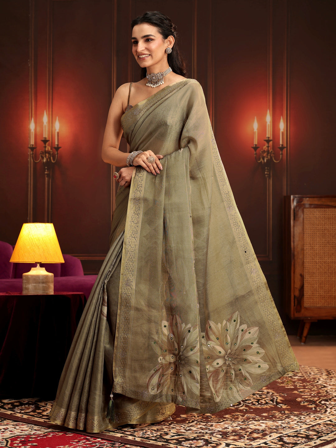 Libas Dusty Olive Green Floral Printed Silk Blend Saree