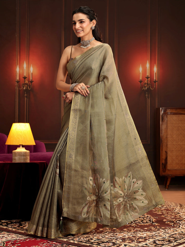Libas Dusty Olive Green Floral Printed Silk Blend Saree