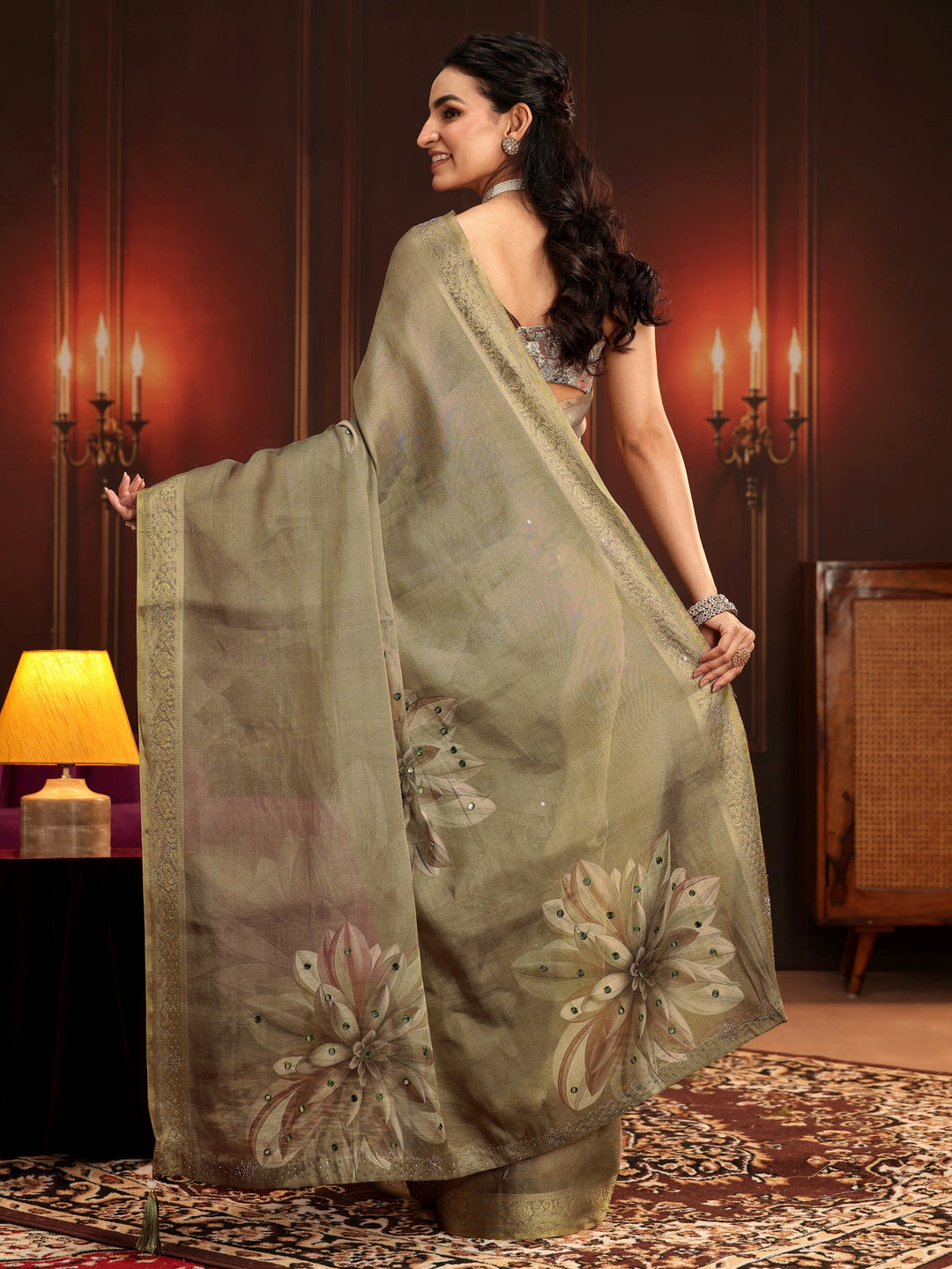 Libas Dusty Olive Green Floral Printed Silk Blend Saree