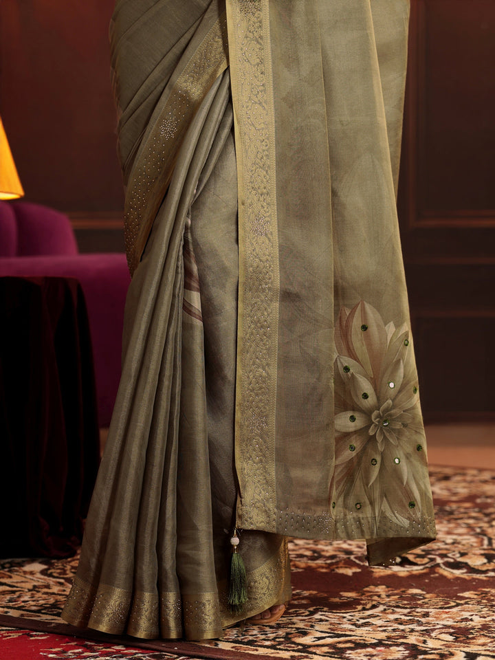Libas Dusty Olive Green Floral Printed Silk Blend Saree