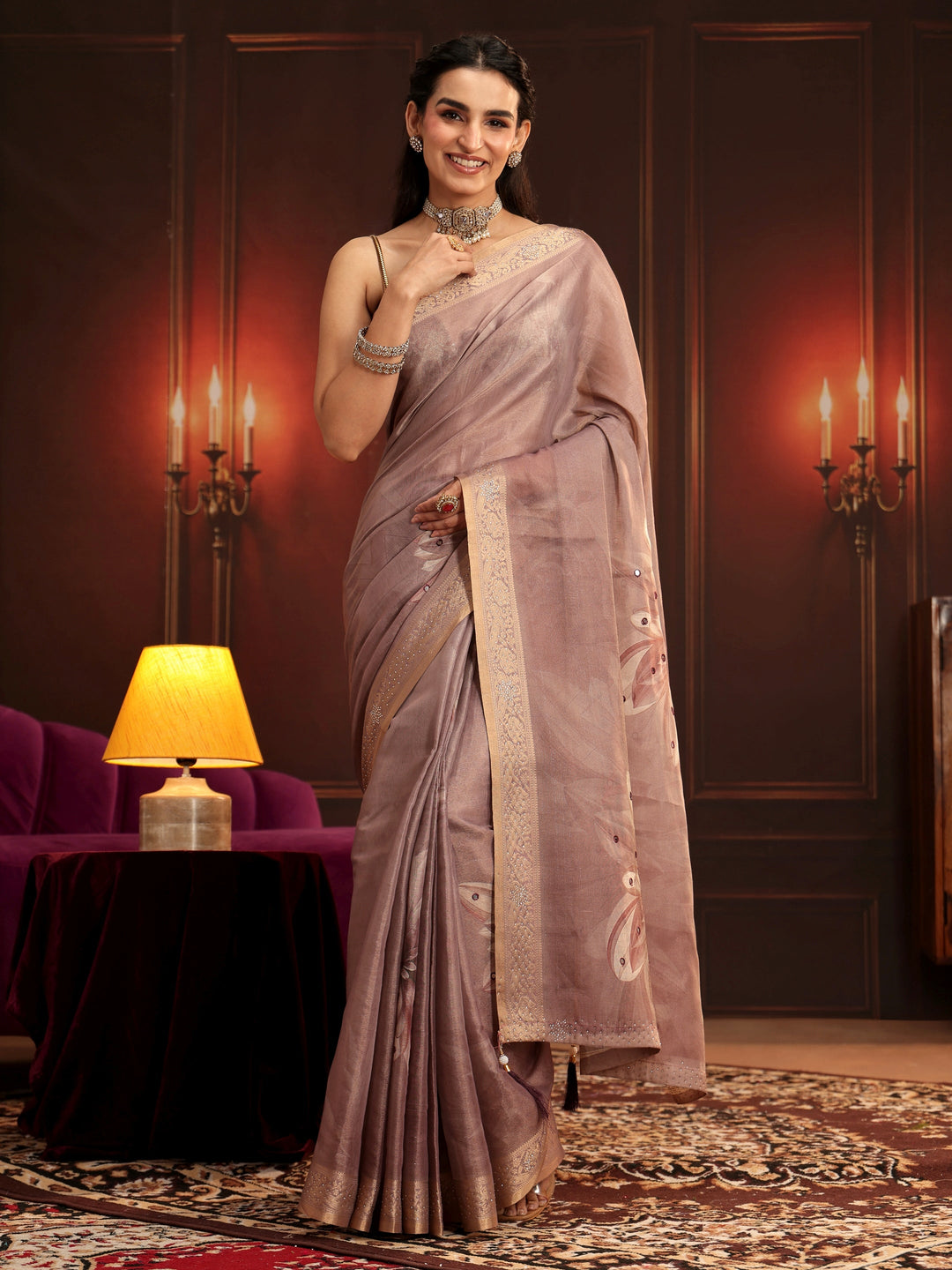 Libas Mauve Floral Printed Silk Blend Saree