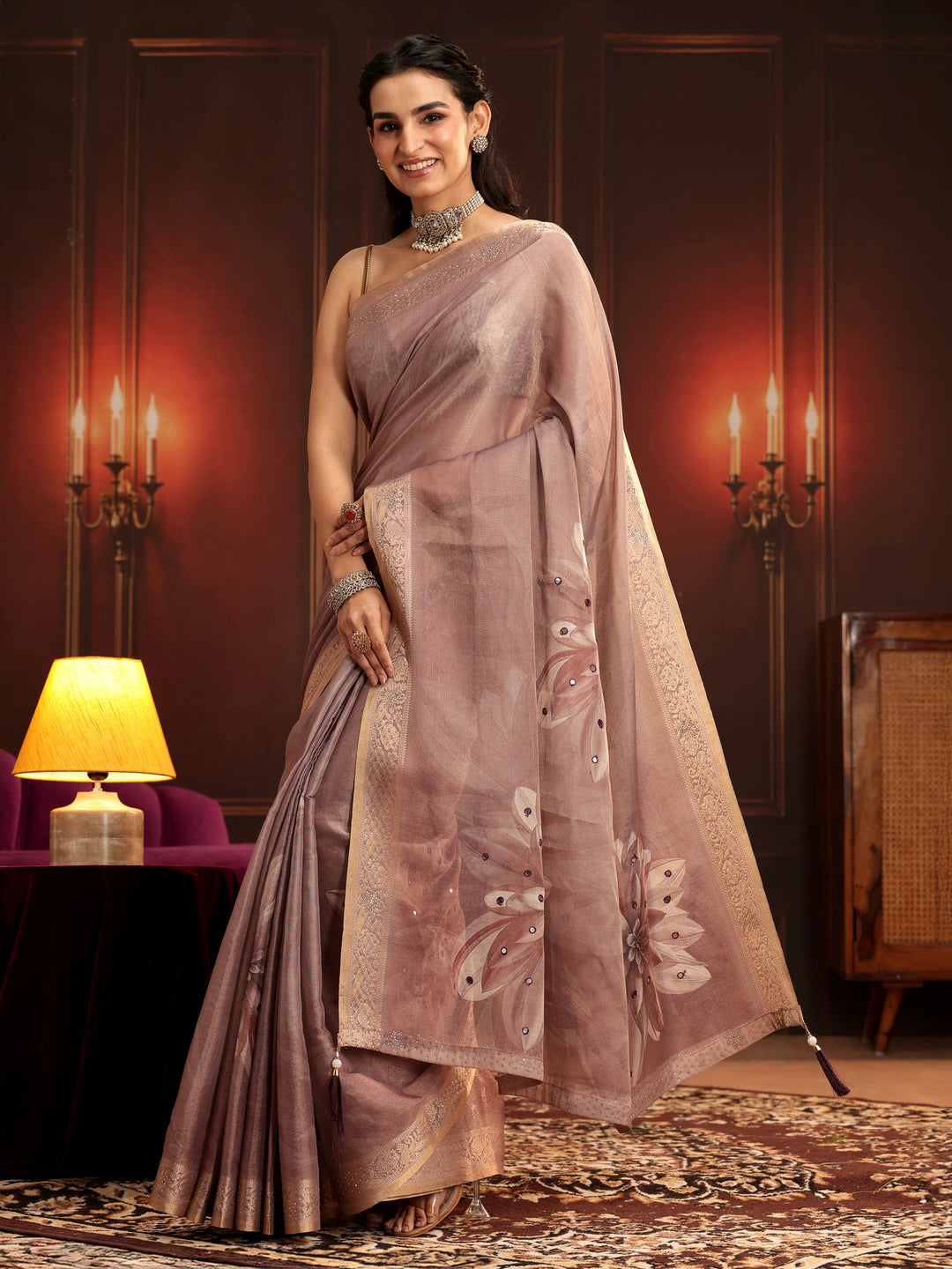 Libas Mauve Floral Printed Silk Blend Saree