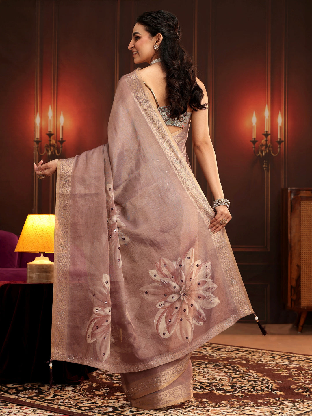 Libas Mauve Floral Printed Silk Blend Saree
