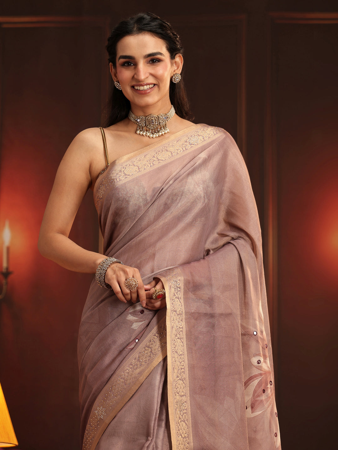 Libas Mauve Floral Printed Silk Blend Saree