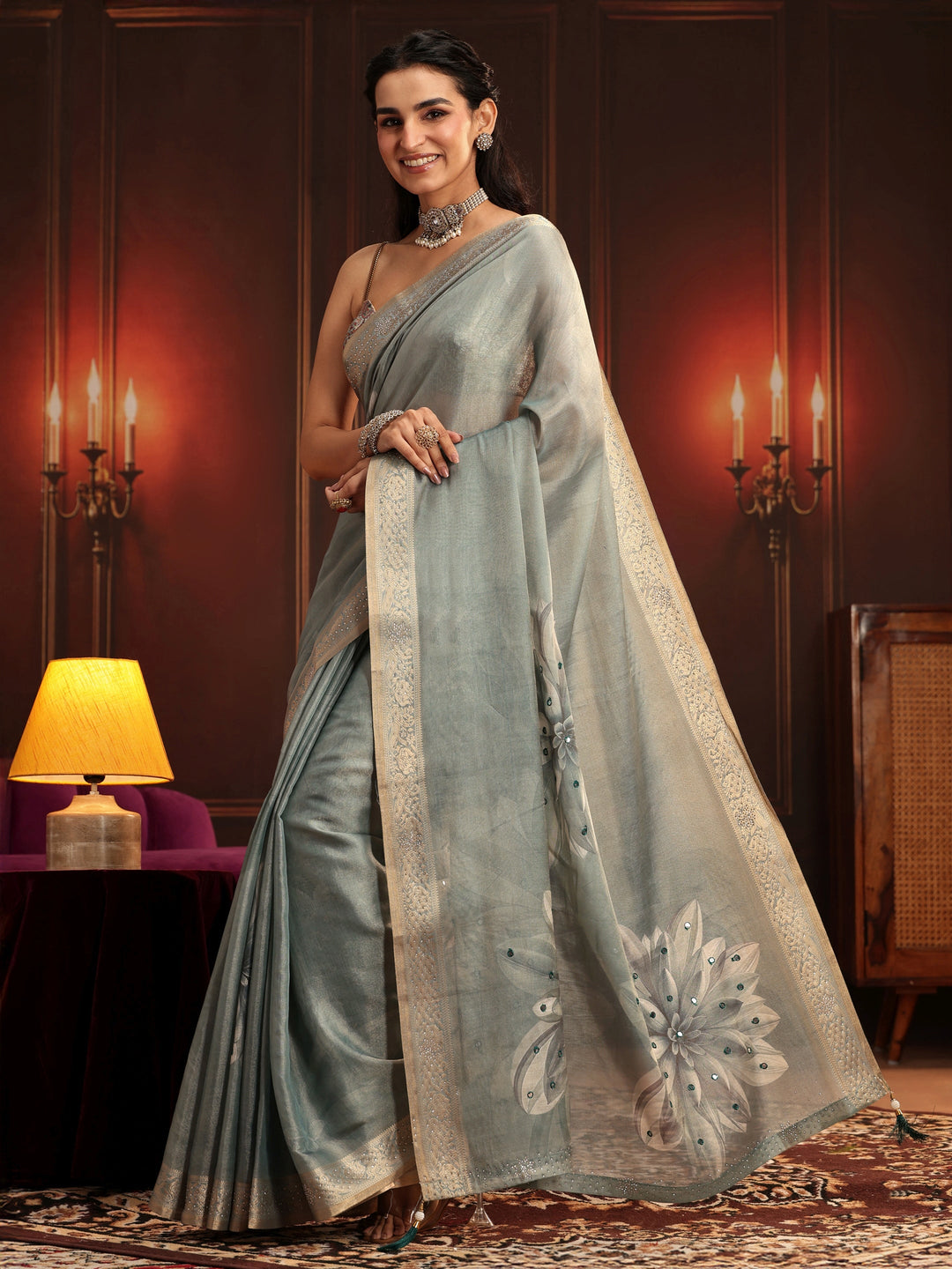 Libas Dusty Aqua Blue Floral Printed Silk Blend Saree