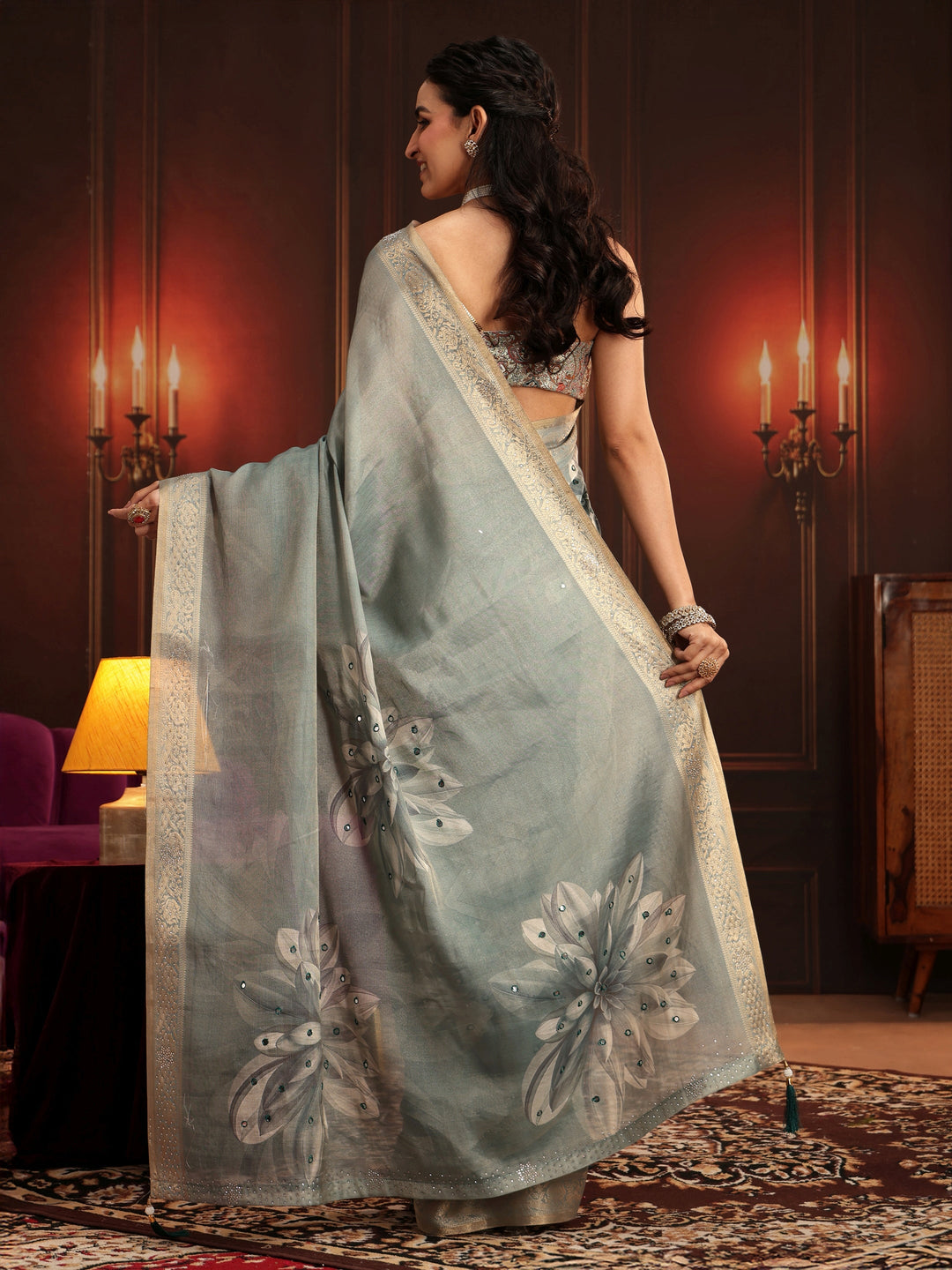 Libas Dusty Aqua Blue Floral Printed Silk Blend Saree