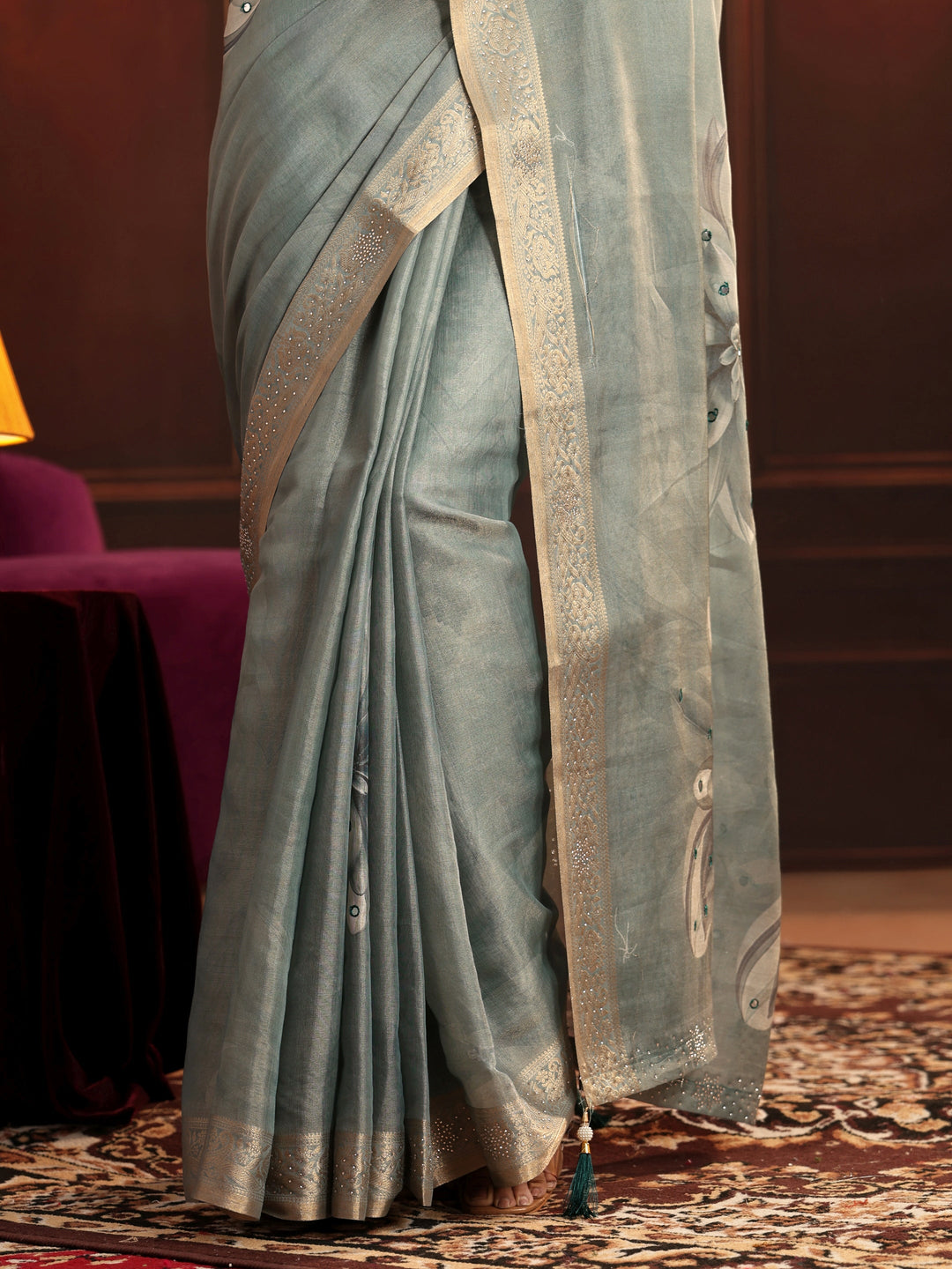 Libas Dusty Aqua Blue Floral Printed Silk Blend Saree