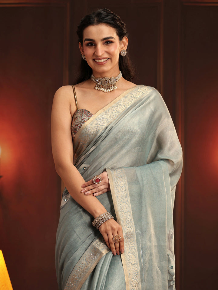 Libas Dusty Aqua Blue Floral Printed Silk Blend Saree