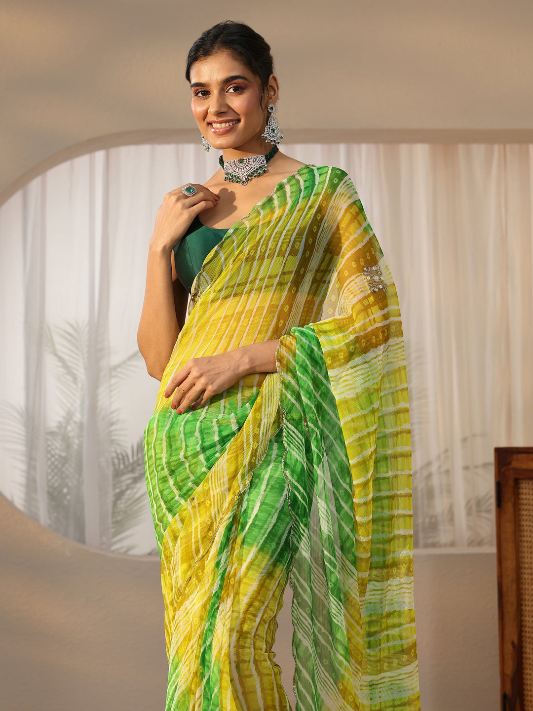 Libas Lime Green Leheriya Printed Chiffon Saree