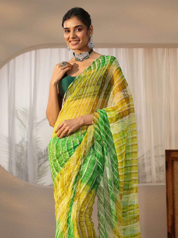 Libas Lime Green Leheriya Printed Chiffon Saree