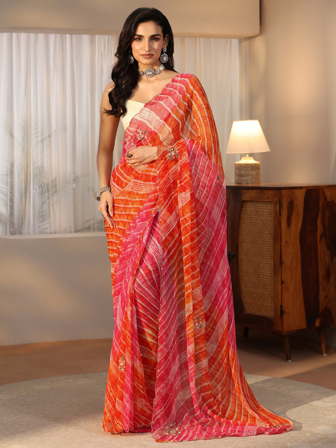 Libas Orange Leheriya Printed Chiffon Saree