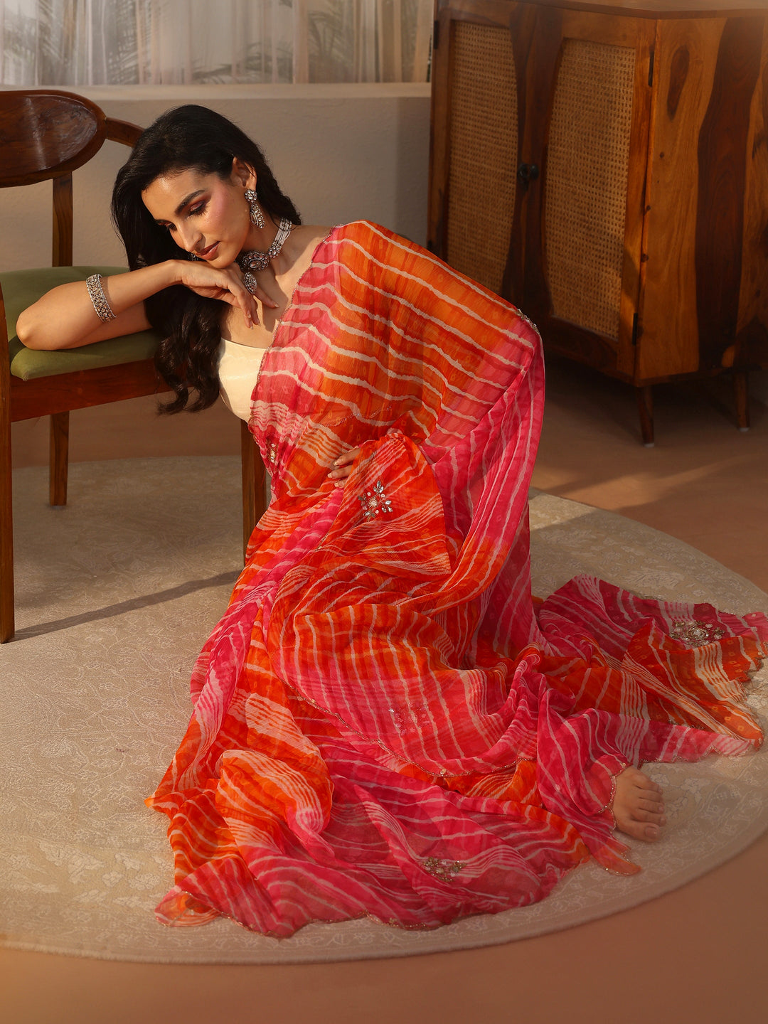 Libas Orange Leheriya Printed Chiffon Saree