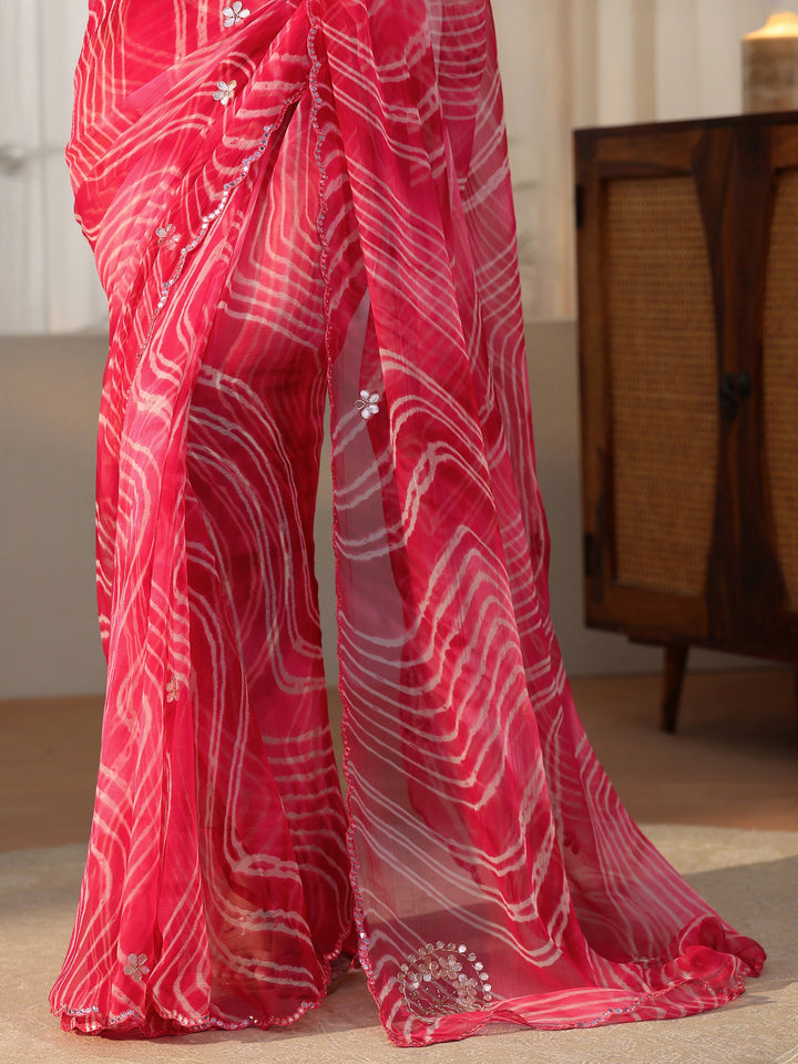 Libas Hot Pink Leheriya Printed Chiffon Saree