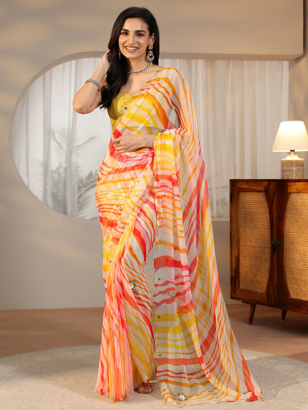 Libas Multi Leheriya Printed Chiffon Saree