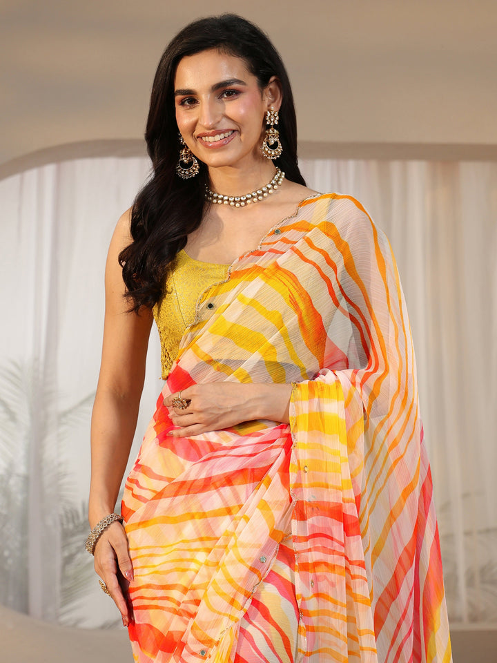 Libas Multi Leheriya Printed Chiffon Saree