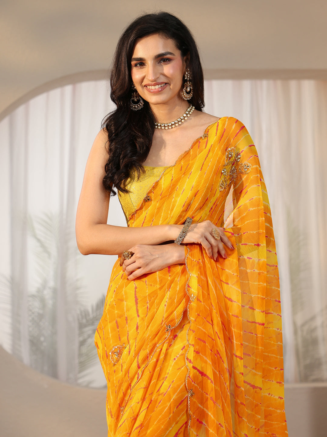 Libas Orange Leheriya Printed Chiffon Saree