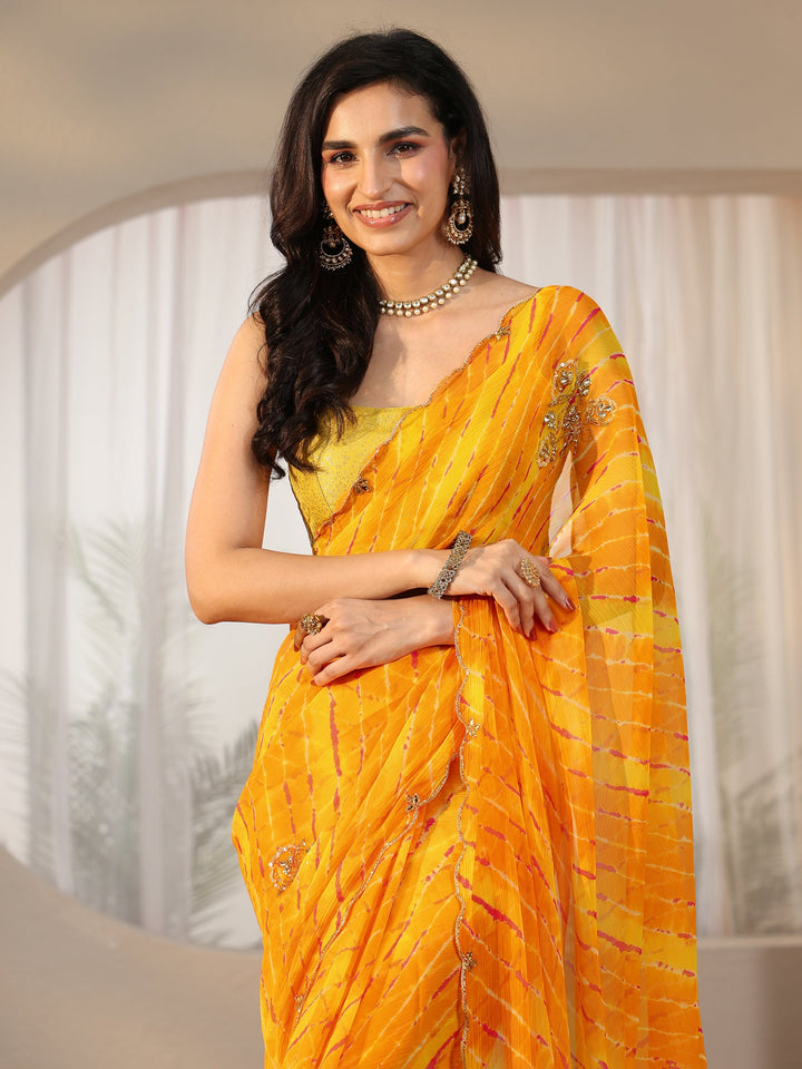 Libas Orange Leheriya Printed Chiffon Saree
