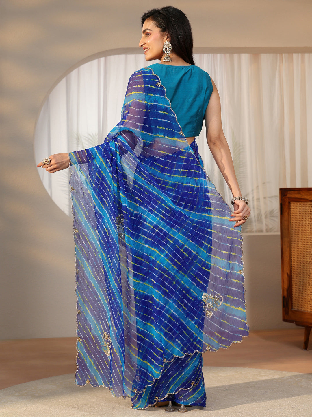 Libas Cobalt Blue Leheriya Printed Chiffon Saree