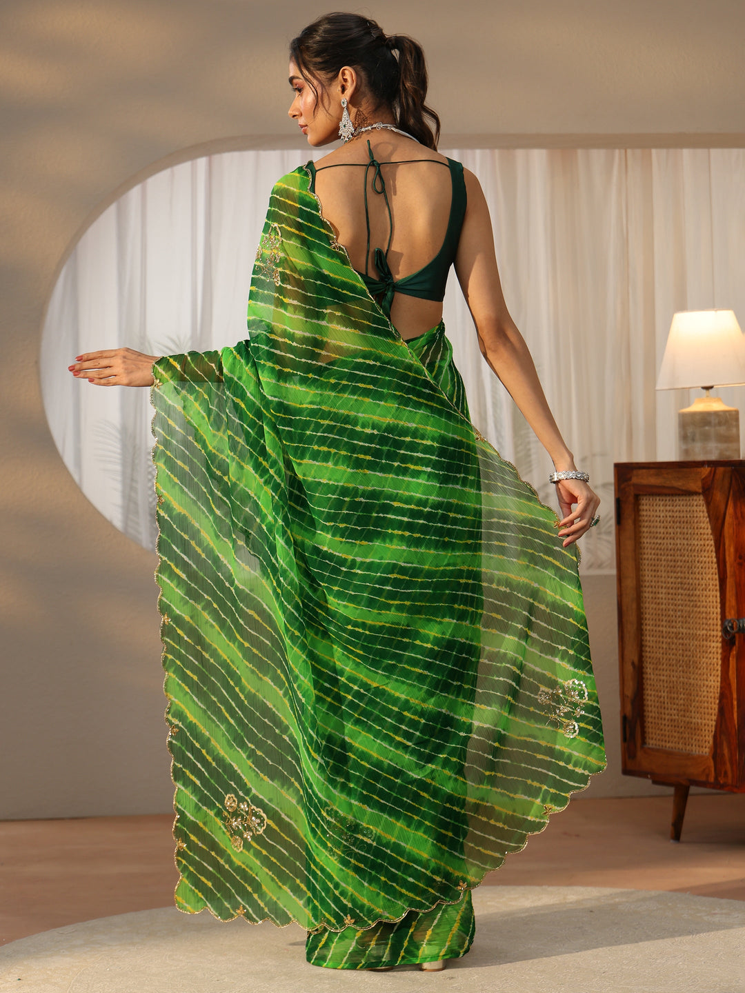 Libas Fern Green Leheriya Printed Chiffon Saree