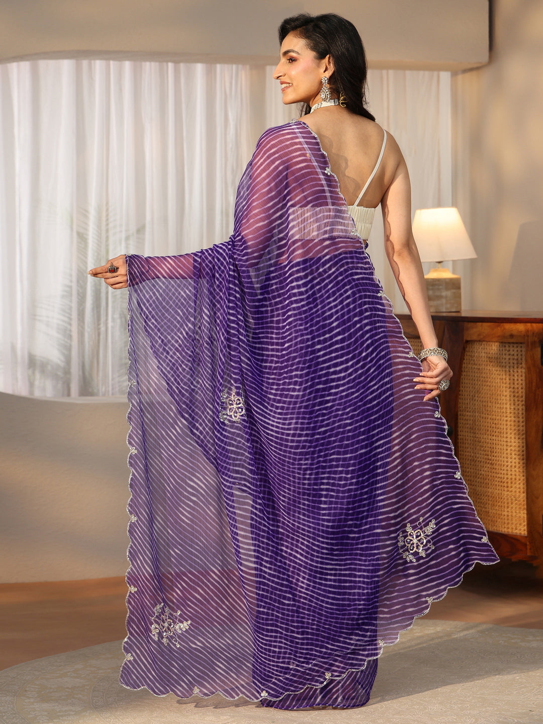 Libas Royal Purple Leheriya Printed Chiffon Saree