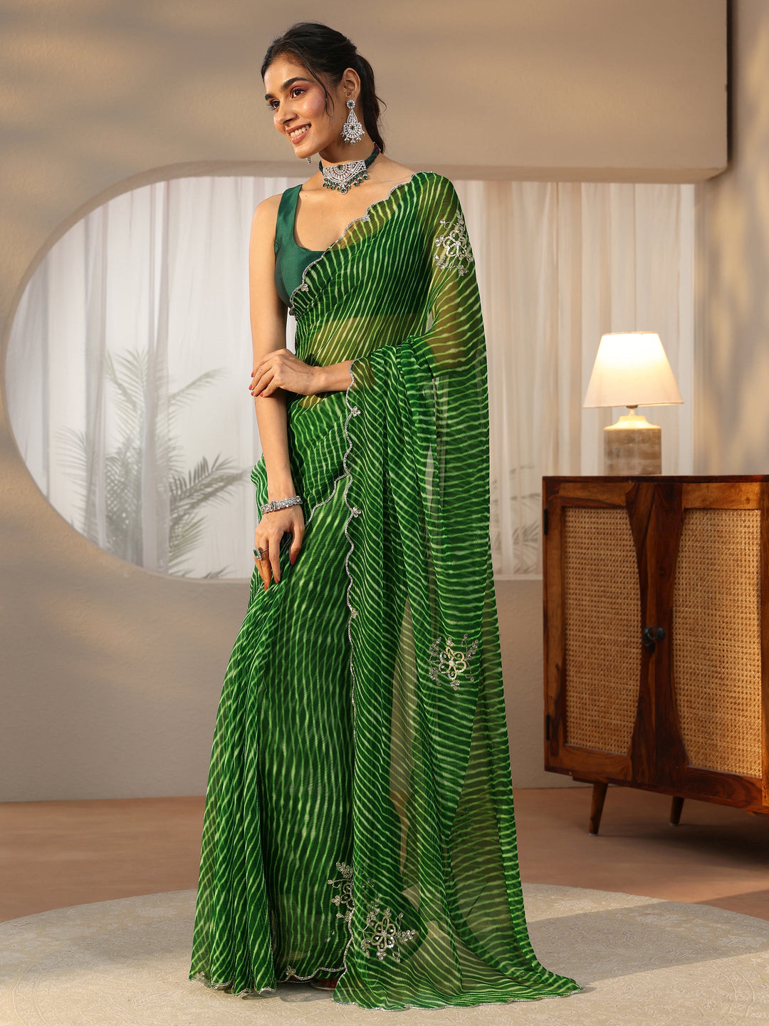 Libas Forrest Green Leheriya Printed Chiffon Saree