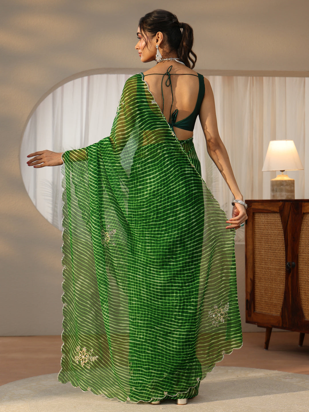 Libas Forrest Green Leheriya Printed Chiffon Saree