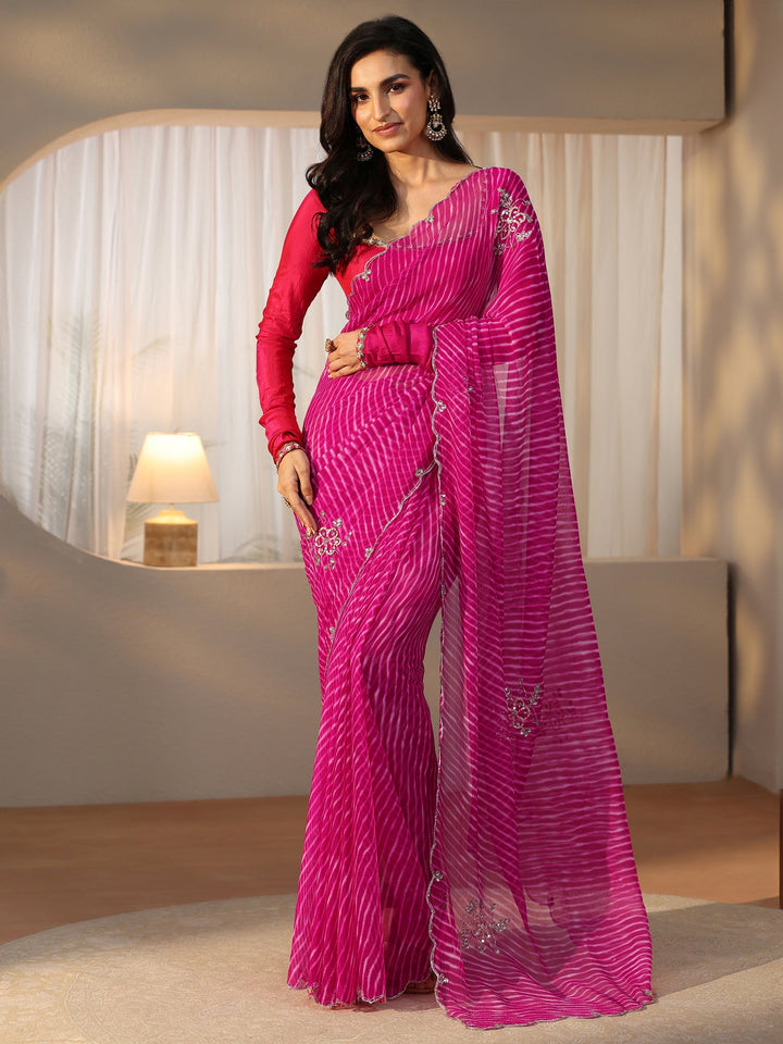 Libas Rani Pink Leheriya Printed Chiffon Saree