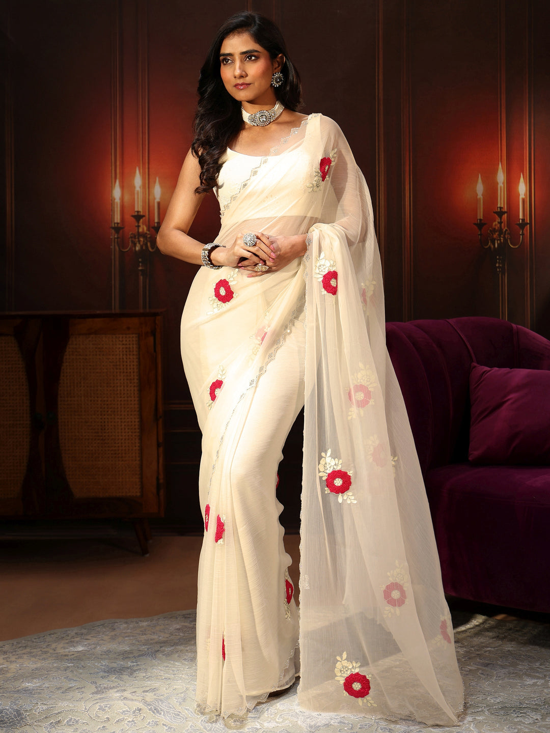 Libas Ivory Chiffon Saree with Embellished Floral Motifs