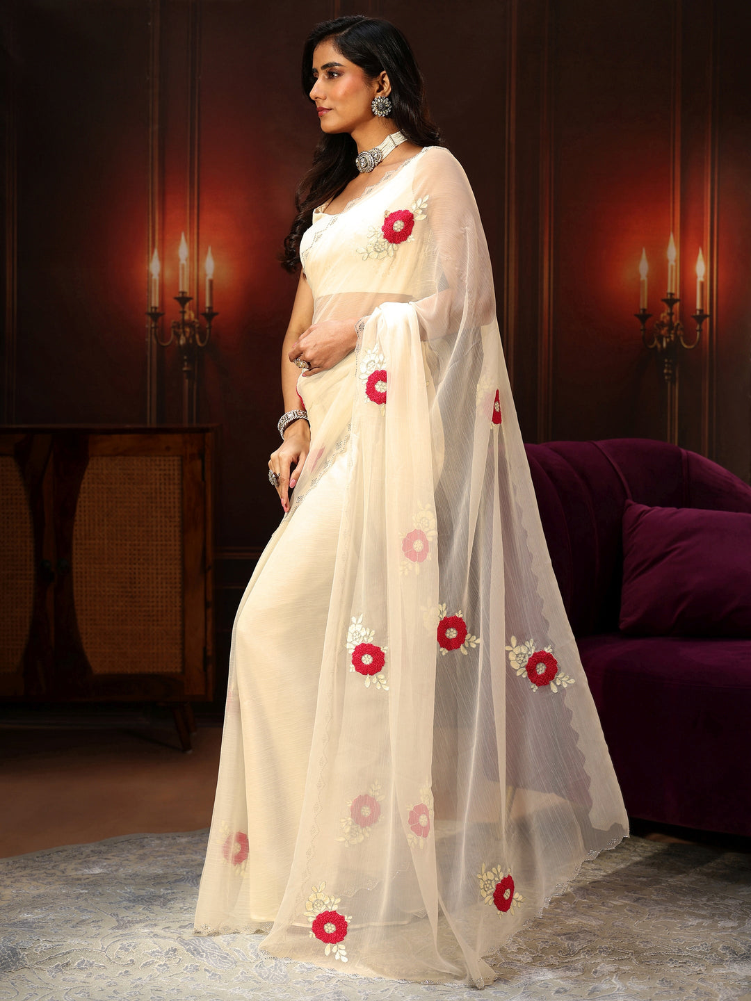 Libas Ivory Chiffon Saree with Embellished Floral Motifs