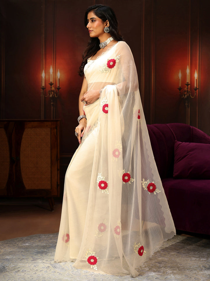 Libas Ivory Chiffon Saree with Embellished Floral Motifs
