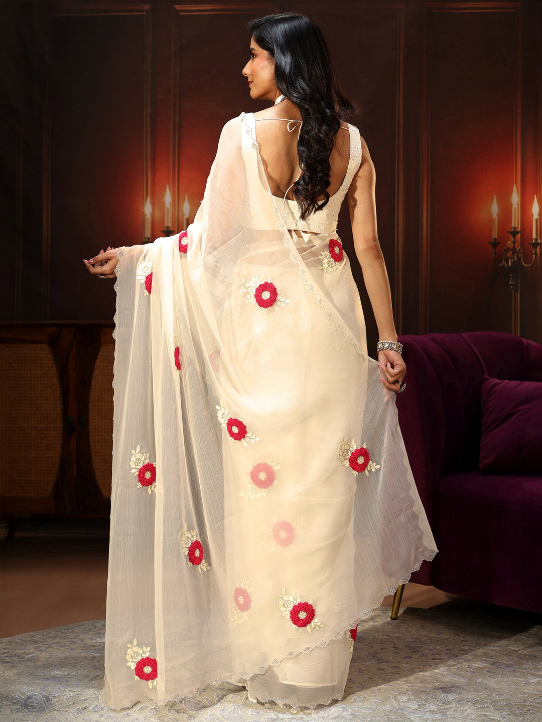 Libas Ivory Chiffon Saree with Embellished Floral Motifs