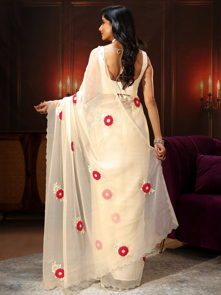 Libas Ivory Chiffon Saree with Embellished Floral Motifs