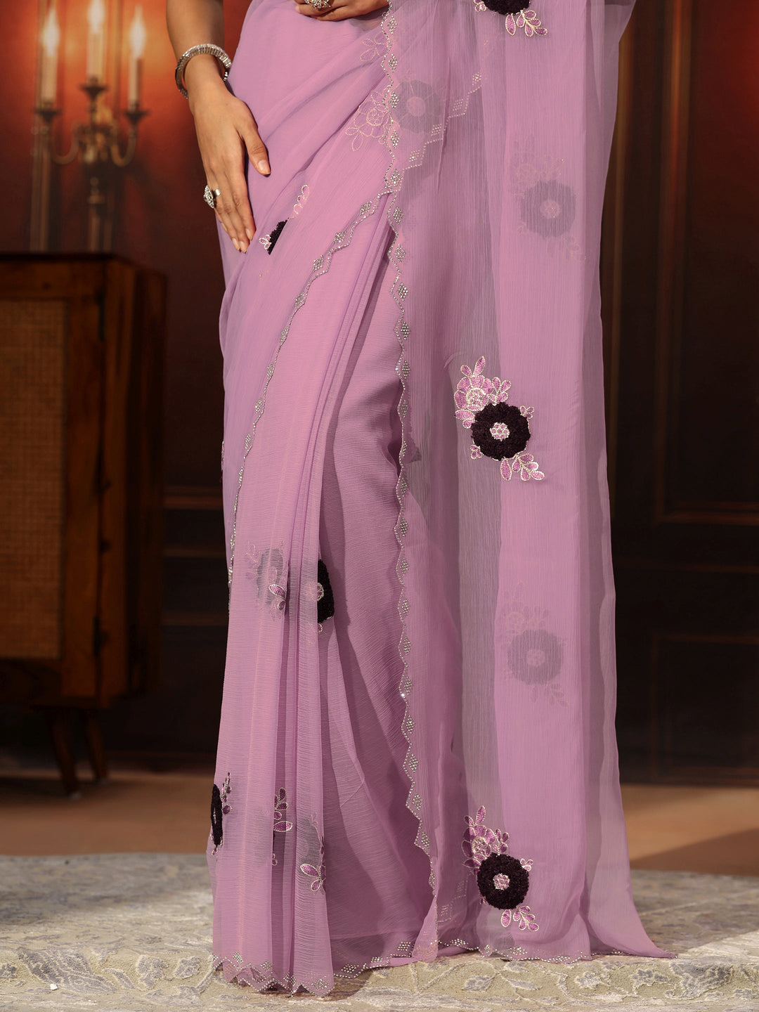 Libas Lavender Chiffon Saree with Embellished Floral Motifs