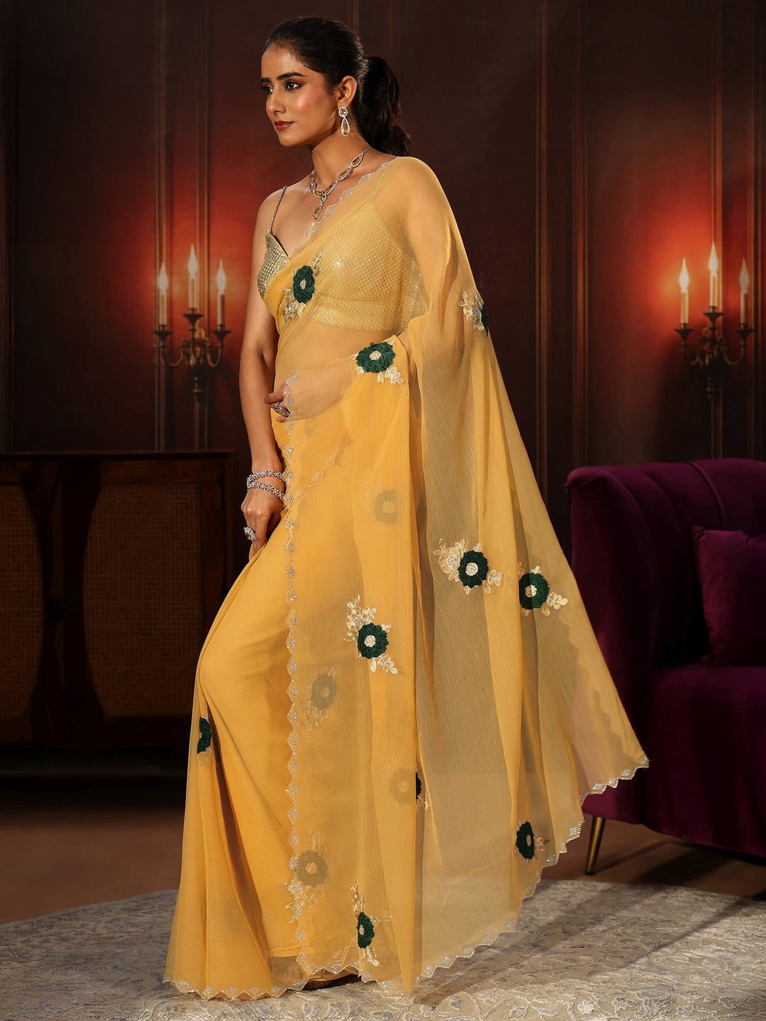 Libas Sunshine Yellow Chiffon Saree with Embellished Floral Motifs