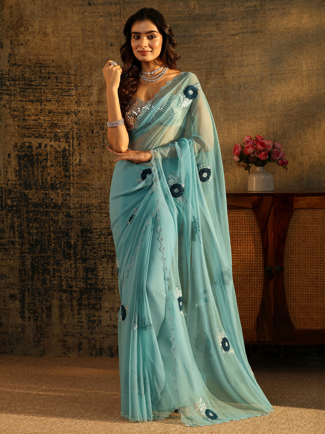Libas Powder Blue Chiffon Saree with Embellished Floral Motifs