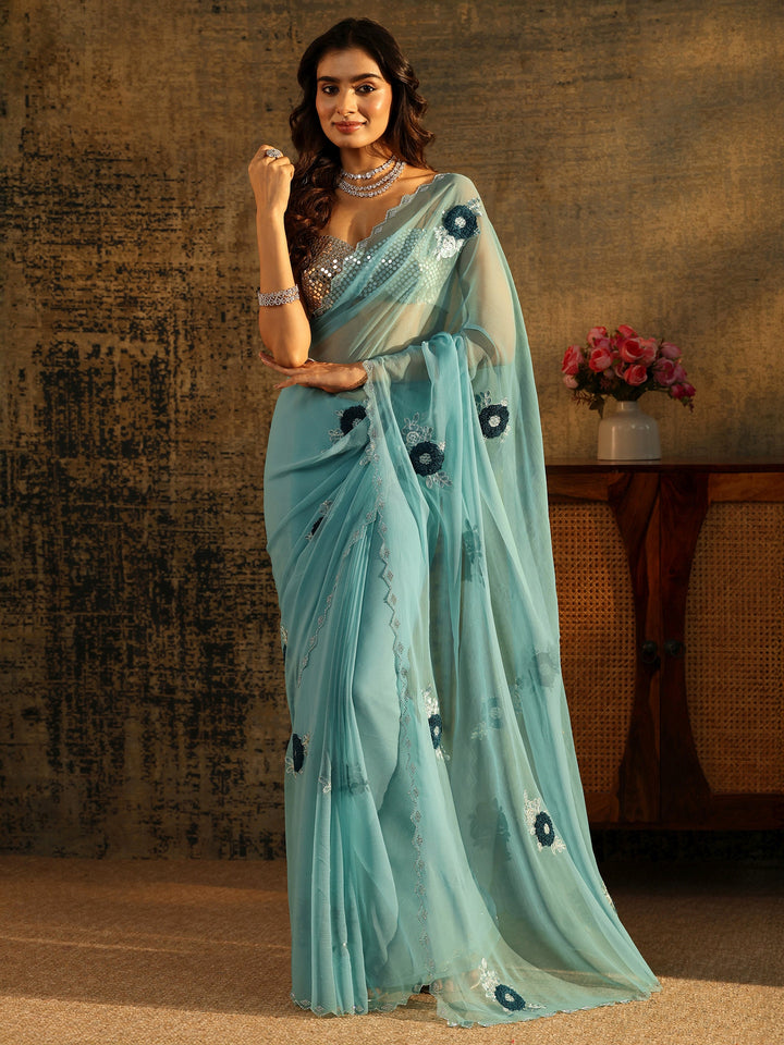 Libas Powder Blue Chiffon Saree with Embellished Floral Motifs